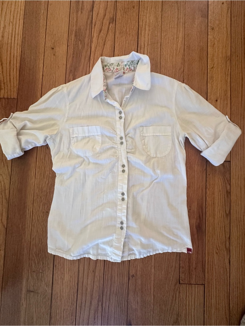 The North Face White Shirt with Green and Coral Floral Trim- L